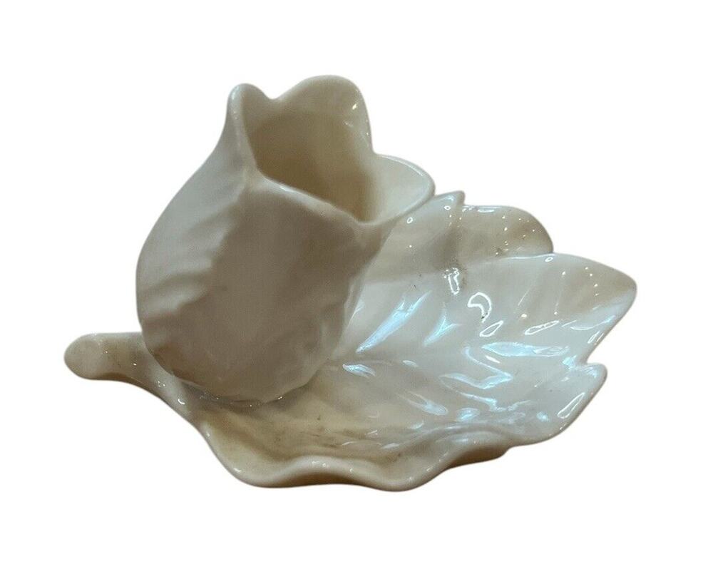 Vintage SRG Leaf Shape with 3D Flower White Porcelain Trinket Dish Japan 4.25”